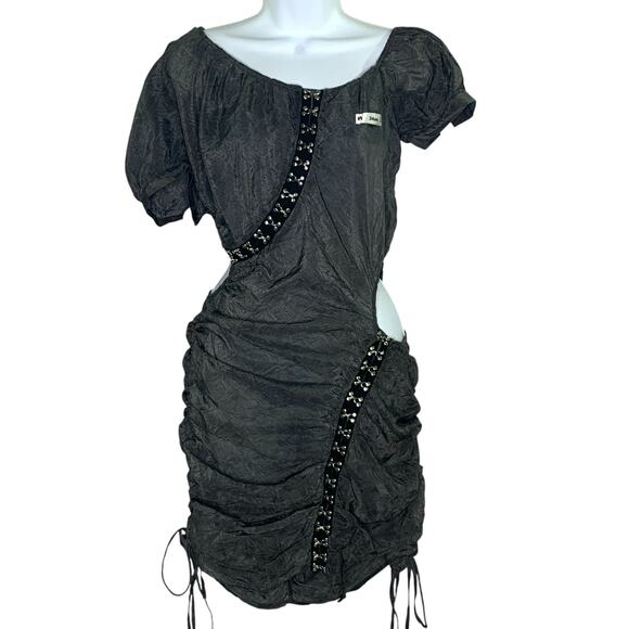 24ans S Womens Gray Cutout Mini Dress Edgy Gothic Punk Metal Hook Eye - Picture 1 of 8